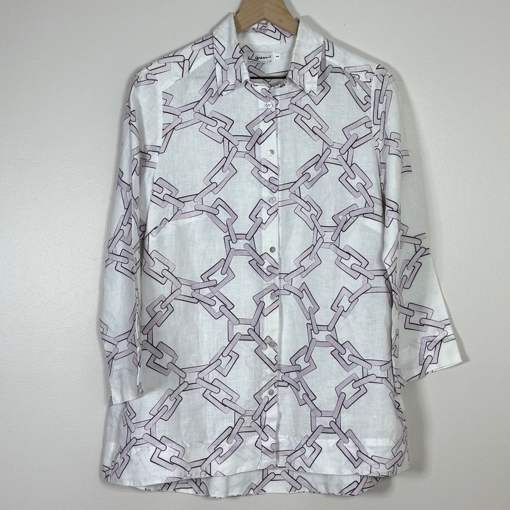 iLinen Womens Organic Linen Classic Button Down Shirt L White Pink Chain Print